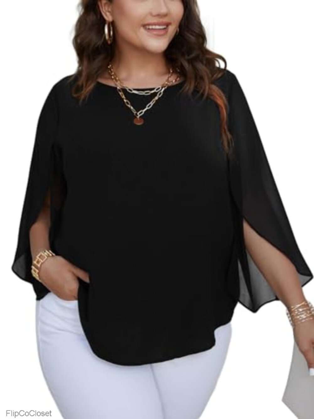 Plus Size Chiffon Tunic Top 3/4 Sleeve Dressy Casual Blouse